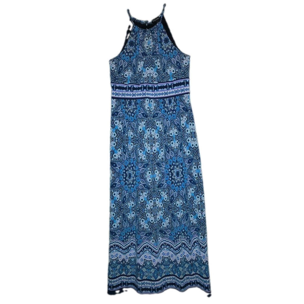 ROZ & ALI Halter Maxi Dress Women's 12 Boho Comfort Stretch Vibrant Blue Beachy